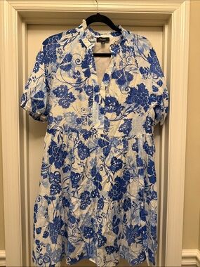MSK White and Blue Floral Tiered Mini Dress
